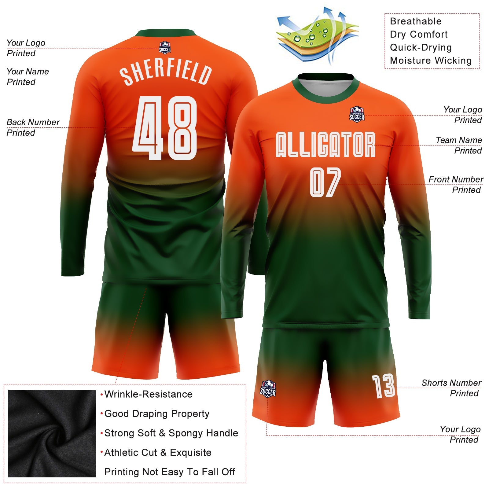 Custom Orange White-Green Sublimation Long Sleeve Fade Fashion Soccer Uniform Jersey view 3