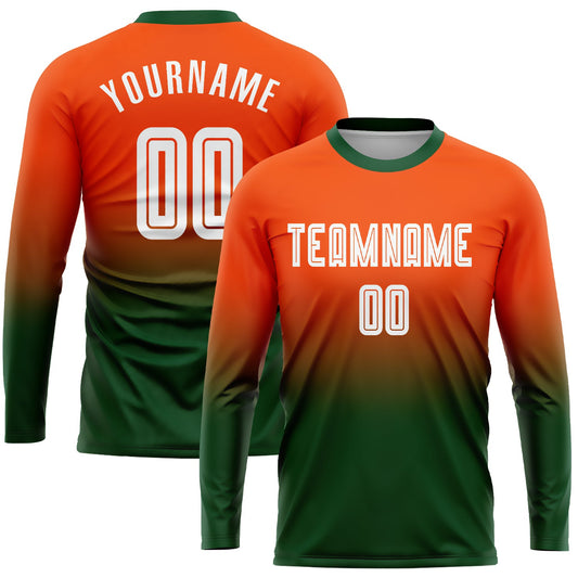 Custom Orange White-Green Sublimation Long Sleeve Fade Fashion Soccer Uniform Jersey - Main View