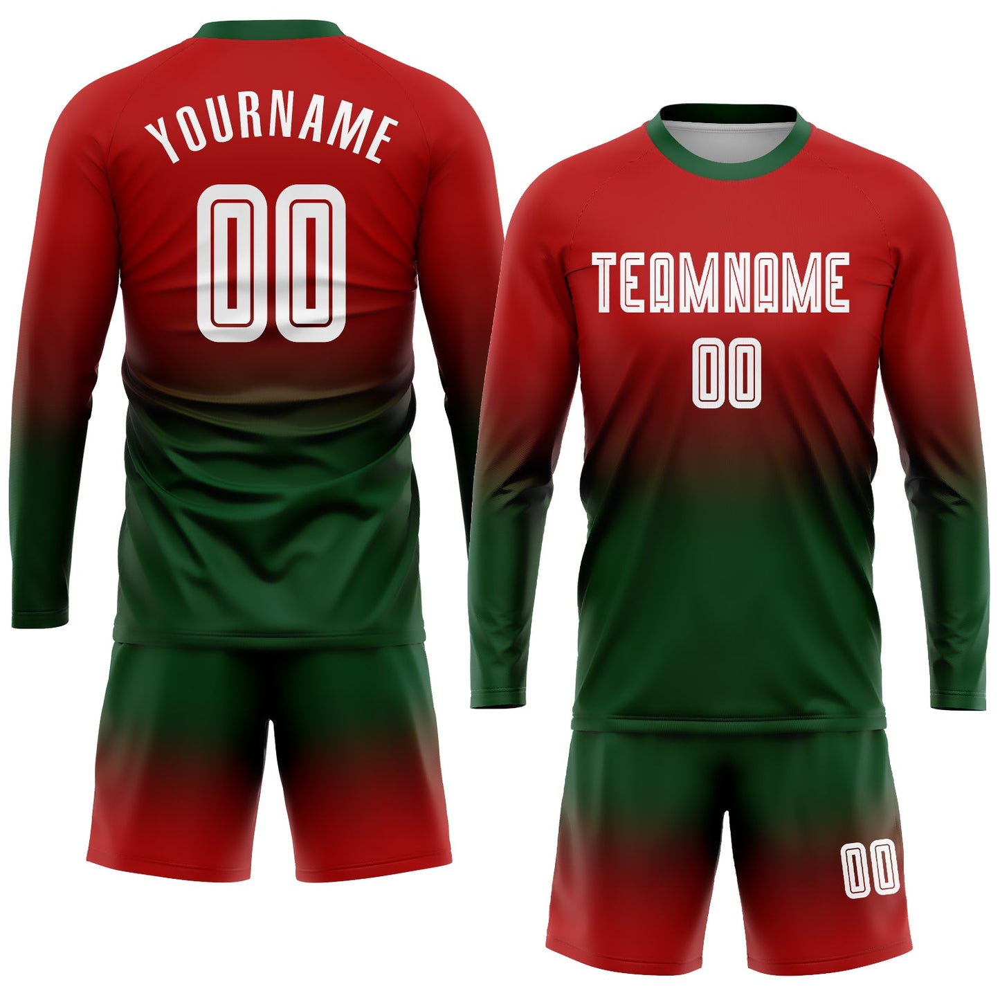 Custom Red White-Green Sublimation Long Sleeve Fade Fashion Soccer Uniform Jersey view 2