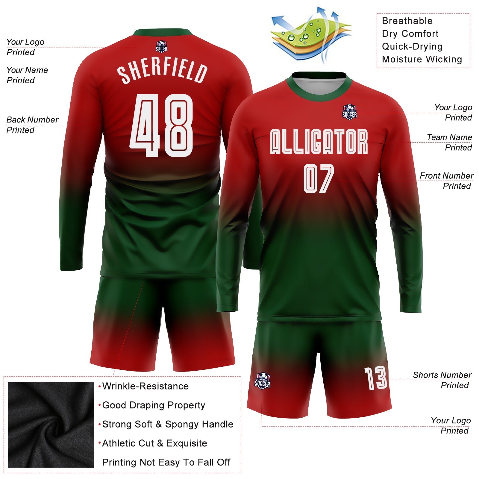 Custom Red White-Green Sublimation Long Sleeve Fade Fashion Soccer Uniform Jersey view 3