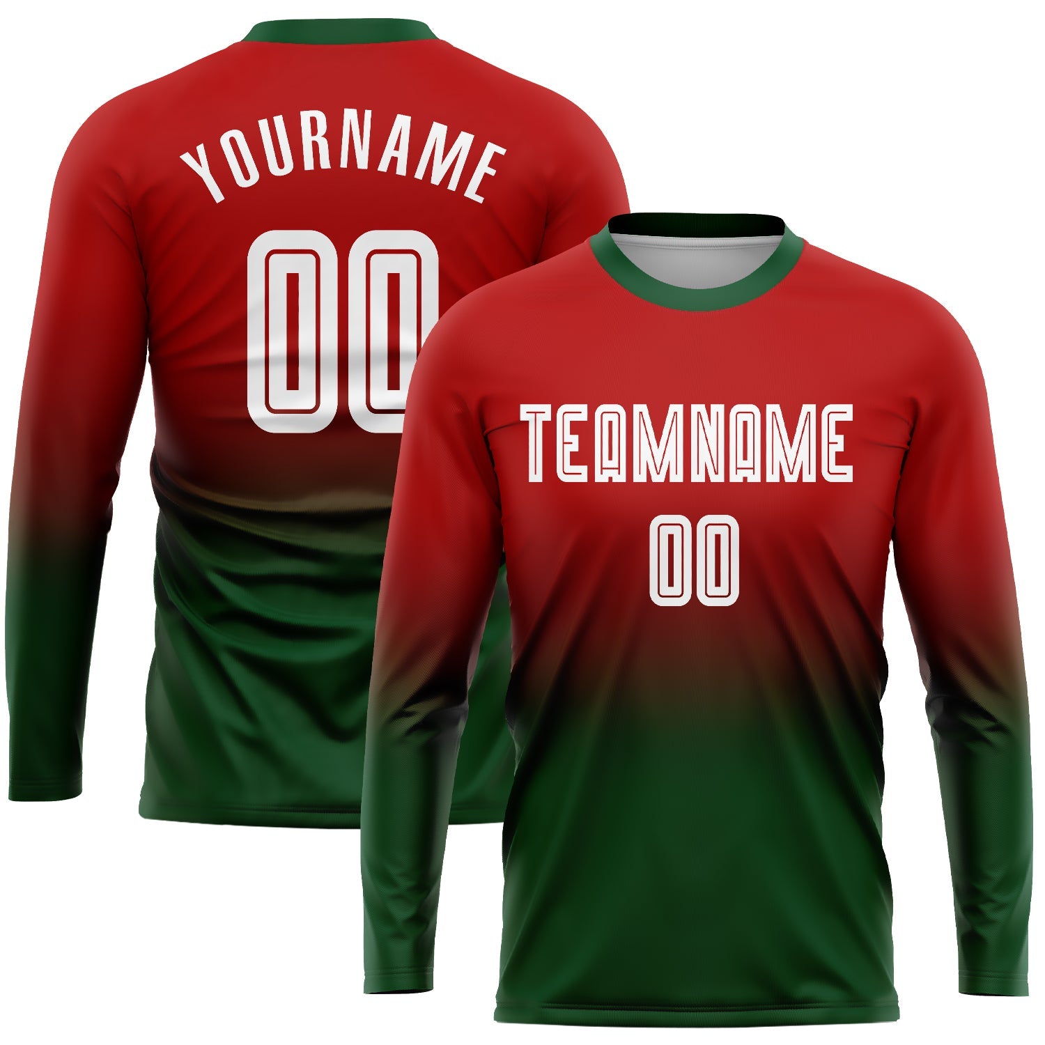 Custom Red White-Green Sublimation Long Sleeve Fade Fashion Soccer Uniform Jersey - Main View