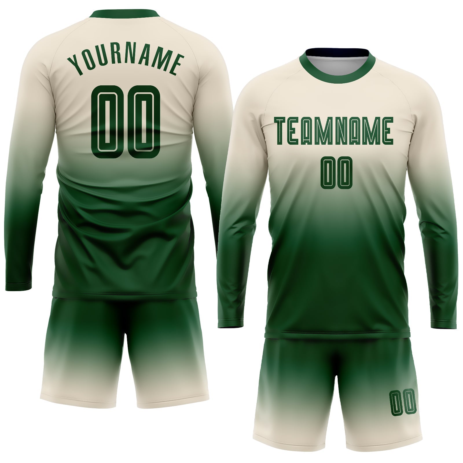 Custom Cream Green Sublimation Long Sleeve Fade Fashion Soccer Uniform Jersey view 2
