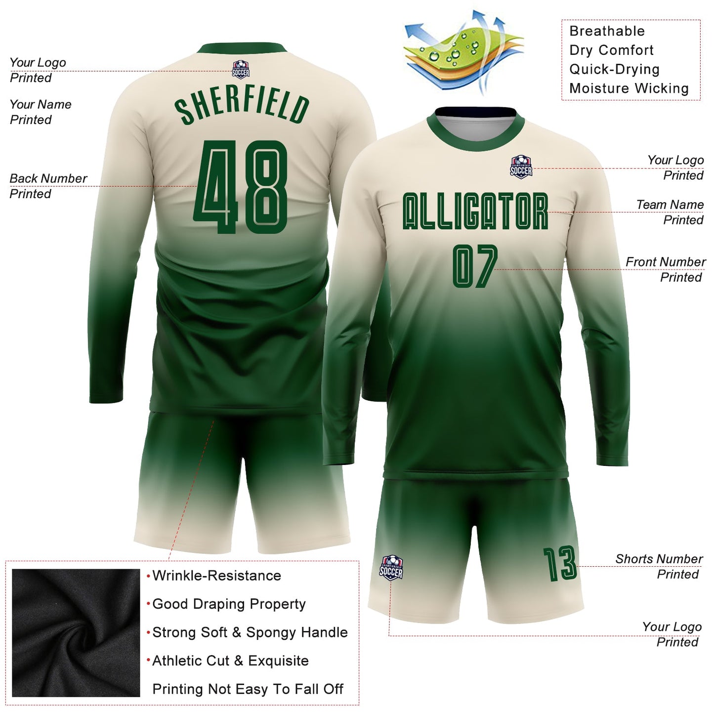 Custom Cream Green Sublimation Long Sleeve Fade Fashion Soccer Uniform Jersey view 3