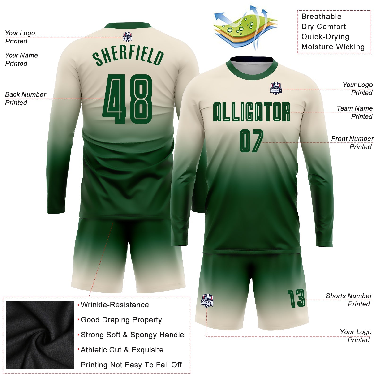 Custom Cream Green Sublimation Long Sleeve Fade Fashion Soccer Uniform Jersey view 3