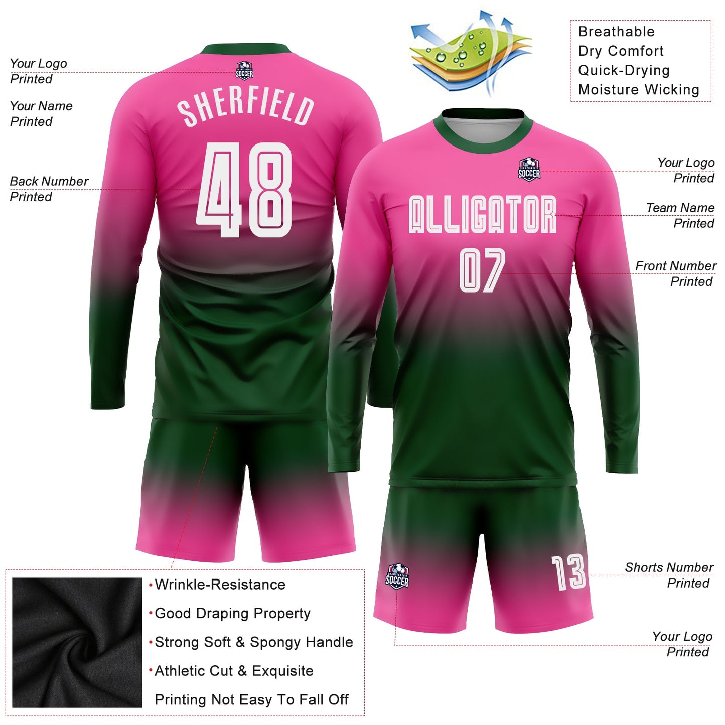 Custom Pink White-Green Sublimation Long Sleeve Fade Fashion Soccer Uniform Jersey view 3