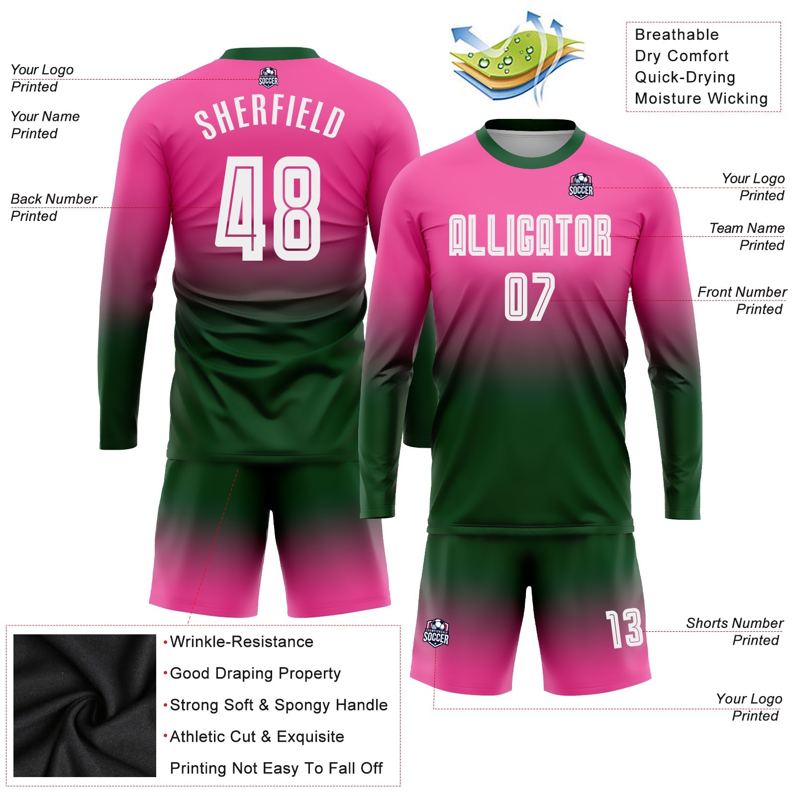 Custom Pink White-Green Sublimation Long Sleeve Fade Fashion Soccer Uniform Jersey view 3
