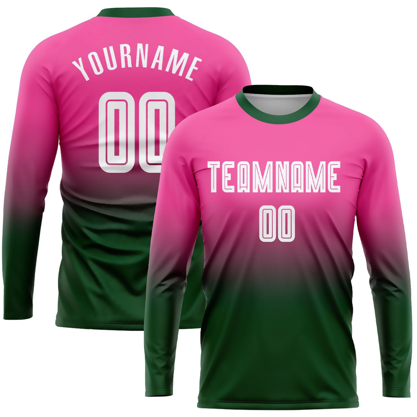 Custom Pink White-Green Sublimation Long Sleeve Fade Fashion Soccer Uniform Jersey - Main View