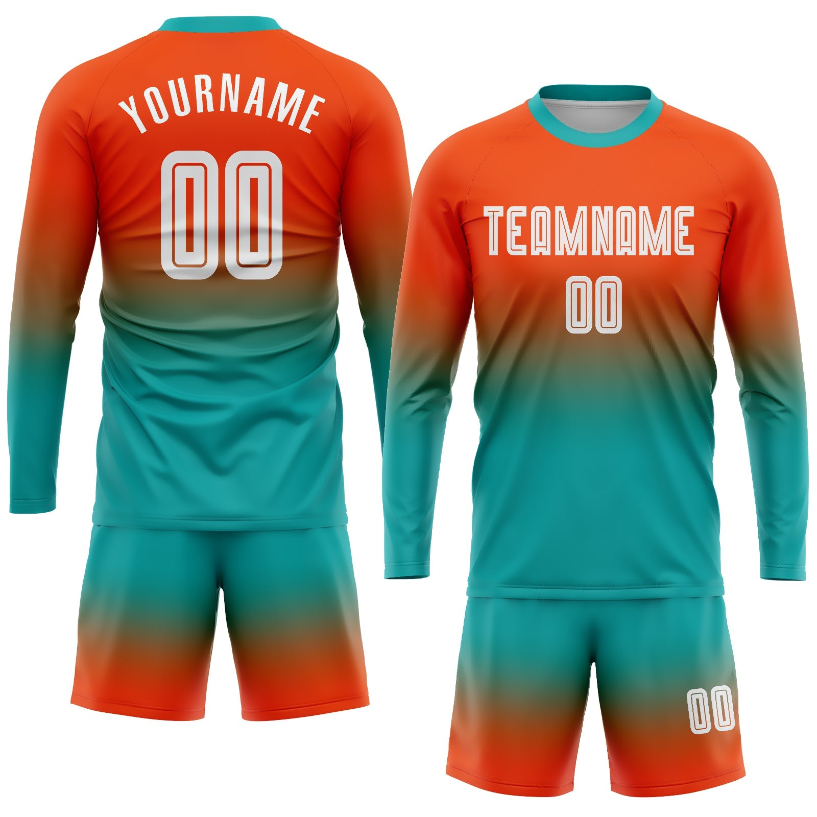 Custom Orange White-Aqua Sublimation Long Sleeve Fade Fashion Soccer Uniform Jersey view 2