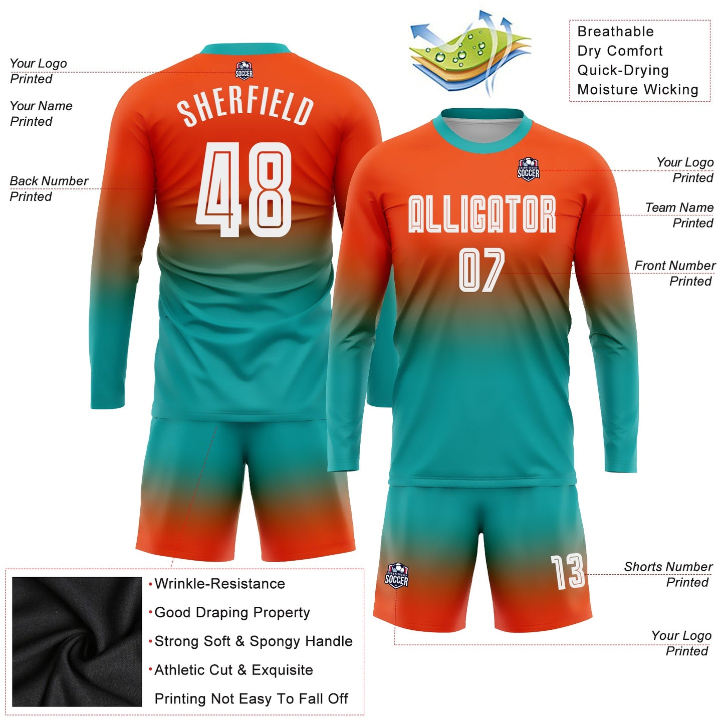Custom Orange White-Aqua Sublimation Long Sleeve Fade Fashion Soccer Uniform Jersey view 3