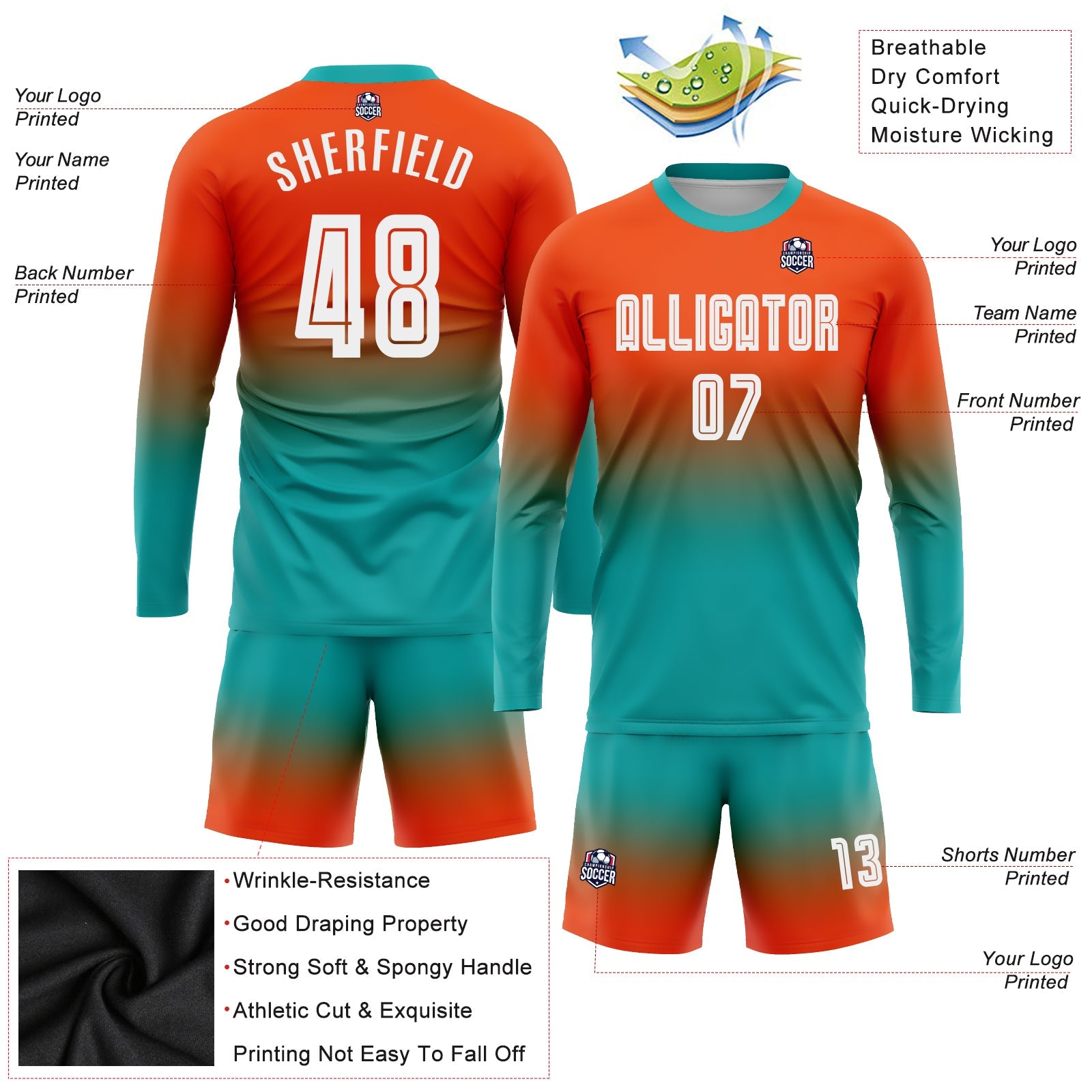 Custom Orange White-Aqua Sublimation Long Sleeve Fade Fashion Soccer Uniform Jersey view 3