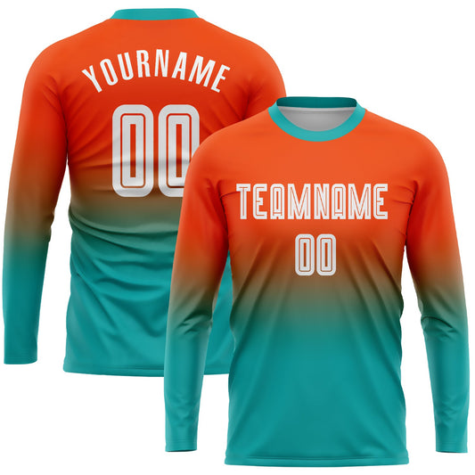 Custom Orange White-Aqua Sublimation Long Sleeve Fade Fashion Soccer Uniform Jersey - Main View