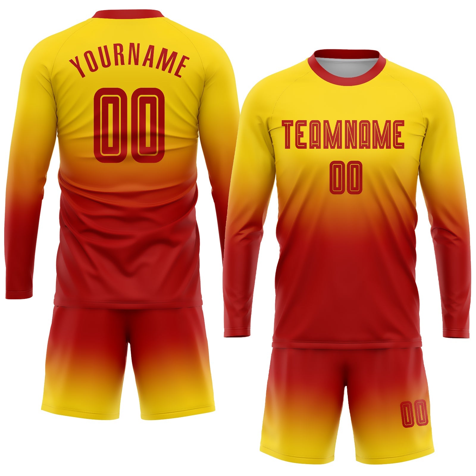 Custom Gold Red Sublimation Long Sleeve Fade Fashion Soccer Uniform Jersey view 2