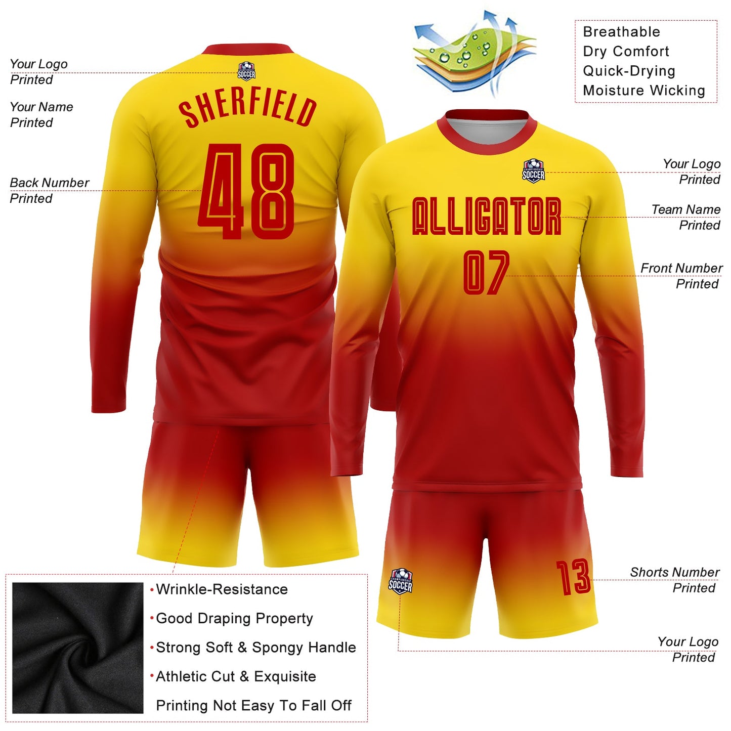 Custom Gold Red Sublimation Long Sleeve Fade Fashion Soccer Uniform Jersey view 3