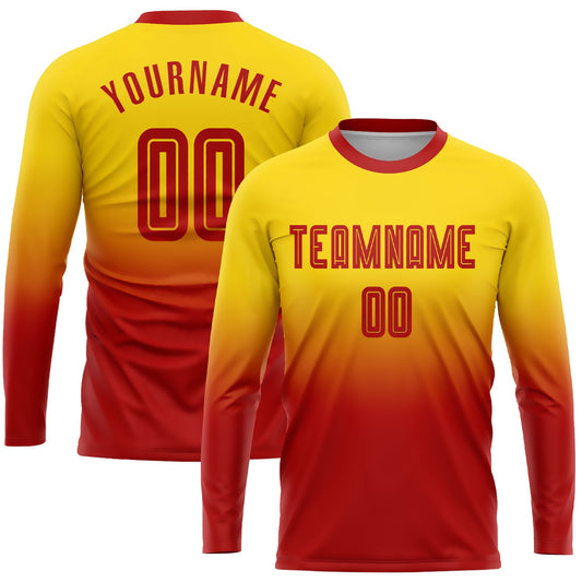 Custom Gold Red Sublimation Long Sleeve Fade Fashion Soccer Uniform Jersey - Main View