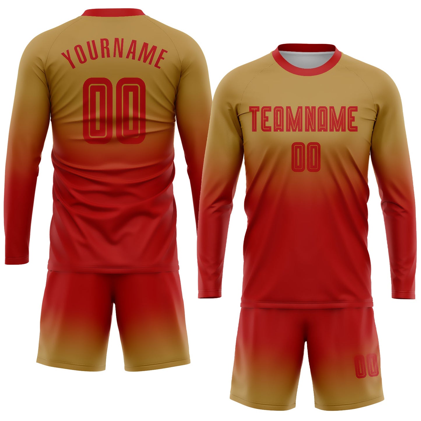 Custom Old Gold Red Sublimation Long Sleeve Fade Fashion Soccer Uniform Jersey view 2