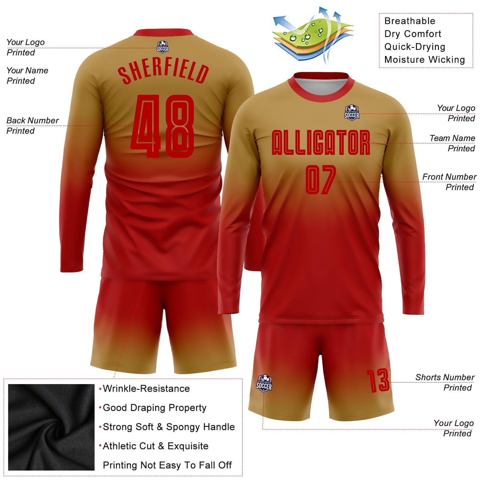 Custom Old Gold Red Sublimation Long Sleeve Fade Fashion Soccer Uniform Jersey view 3