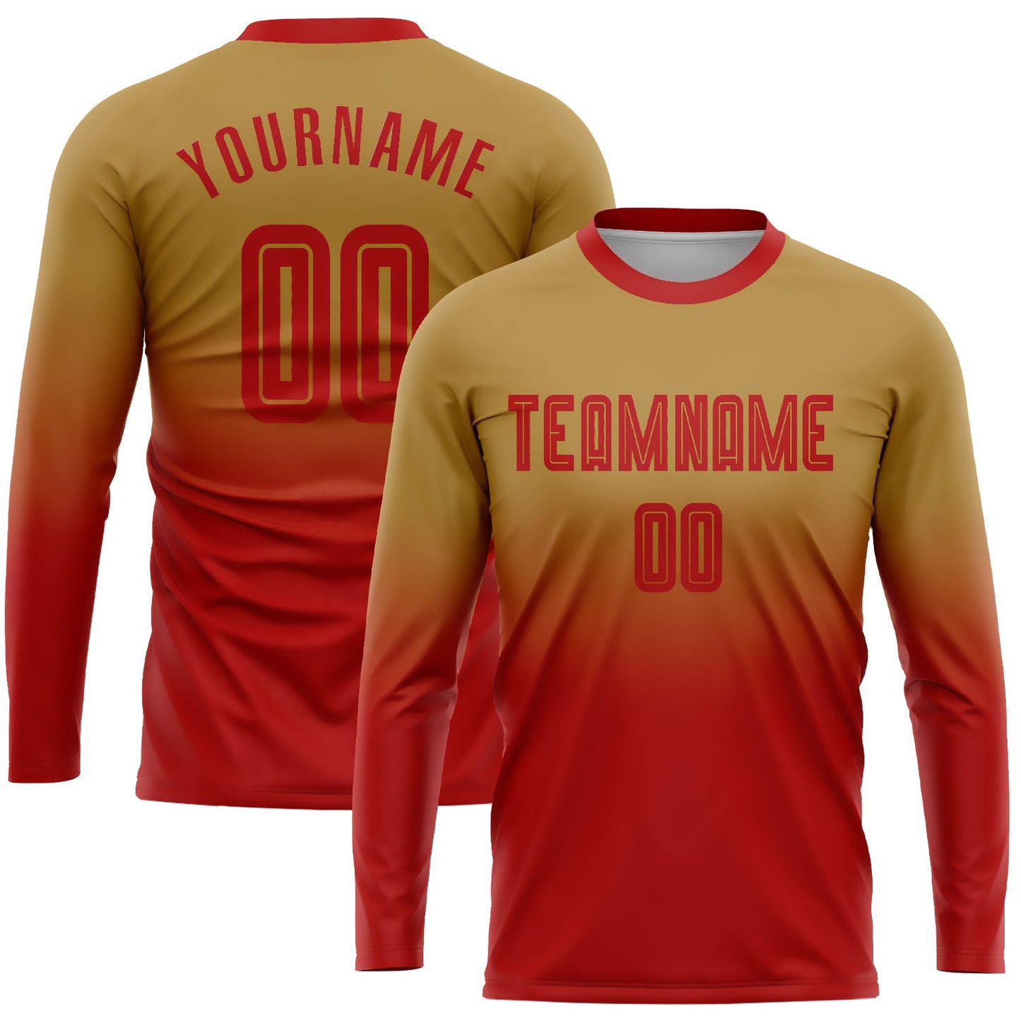 Custom Old Gold Red Sublimation Long Sleeve Fade Fashion Soccer Uniform Jersey - Main View