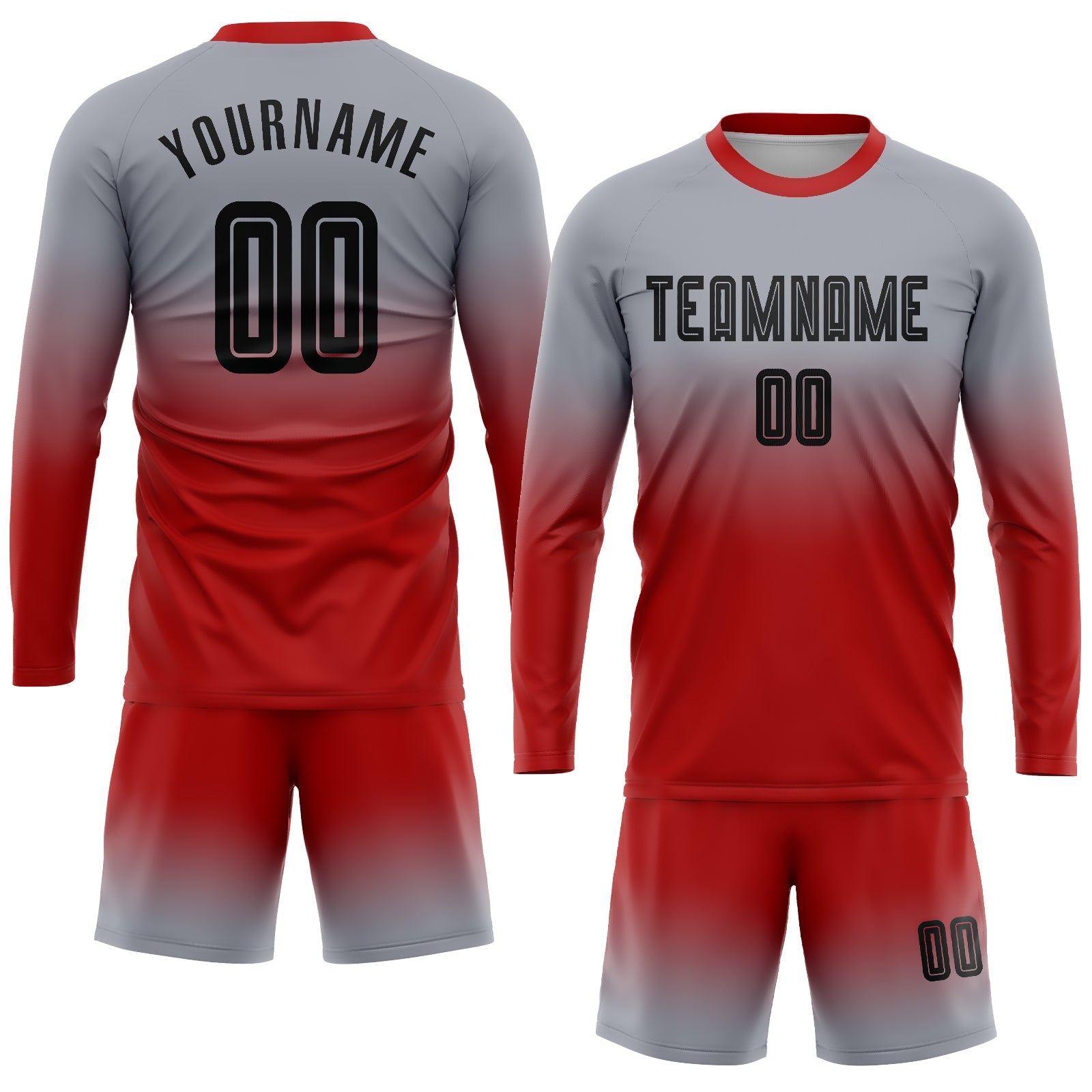 Custom Gray Black-Red Sublimation Long Sleeve Fade Fashion Soccer Uniform Jersey view 2