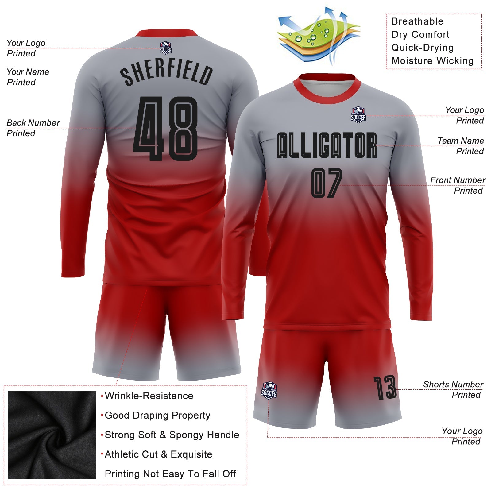 Custom Gray Black-Red Sublimation Long Sleeve Fade Fashion Soccer Uniform Jersey view 3