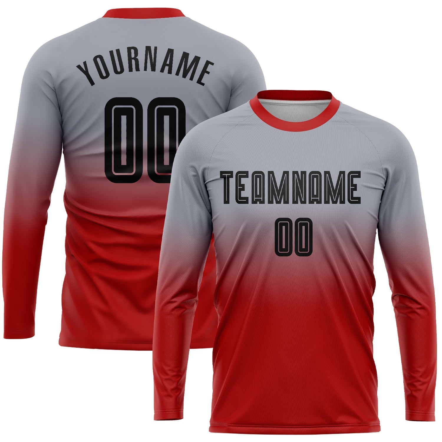 Custom Gray Black-Red Sublimation Long Sleeve Fade Fashion Soccer Uniform Jersey - Main View