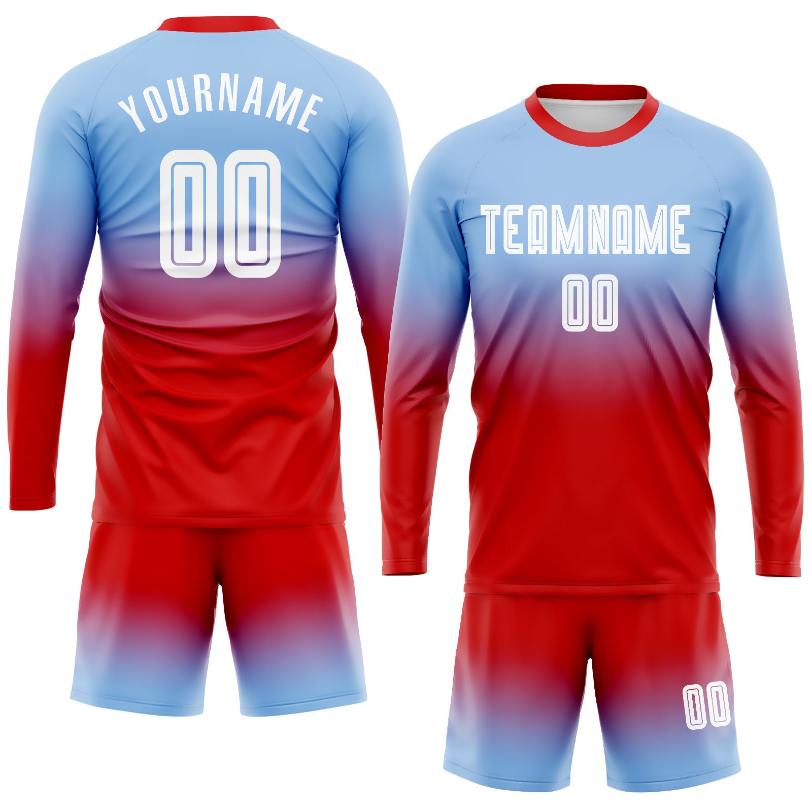 Custom Light Blue White-Red Sublimation Long Sleeve Fade Fashion Soccer Uniform Jersey view 2