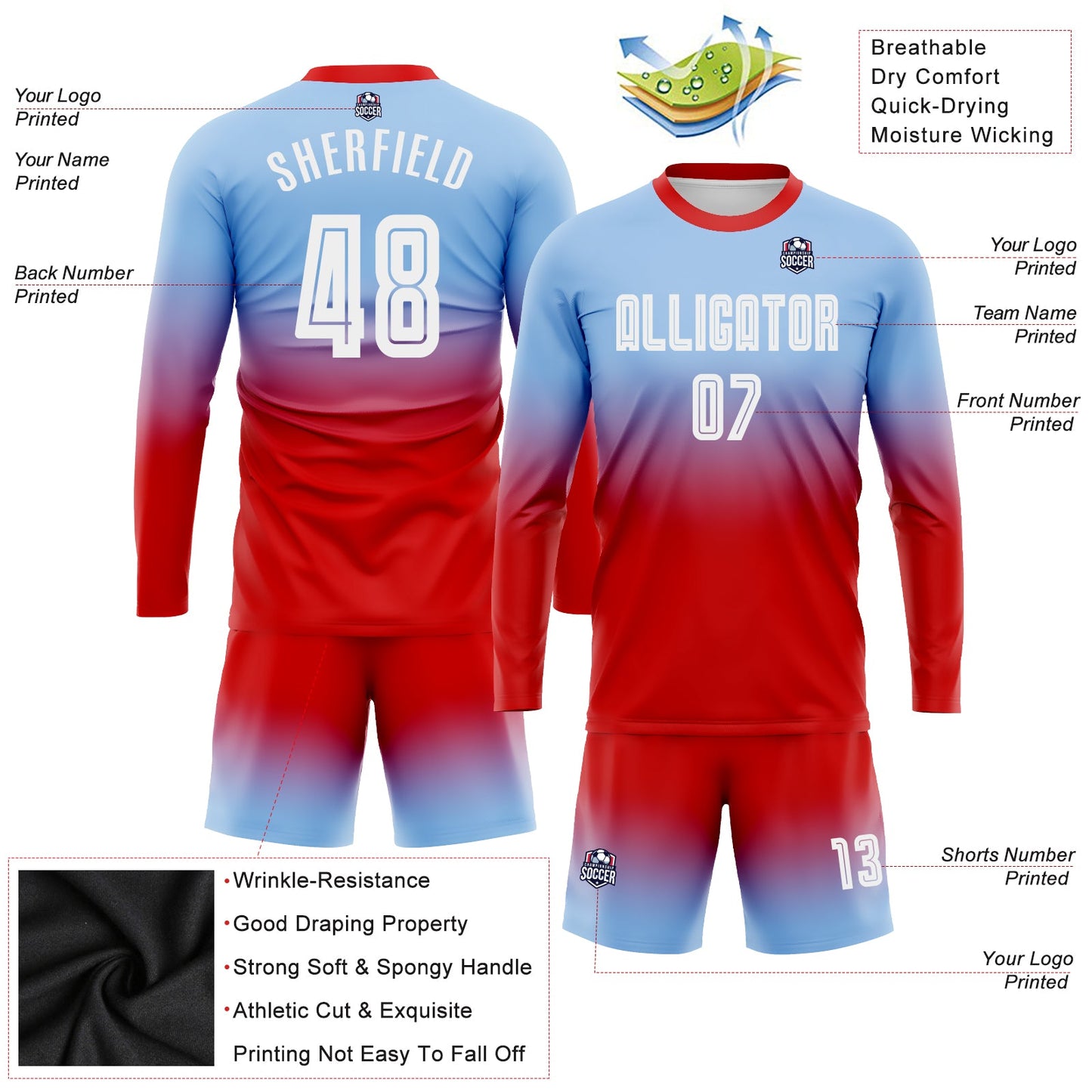 Custom Light Blue White-Red Sublimation Long Sleeve Fade Fashion Soccer Uniform Jersey view 3