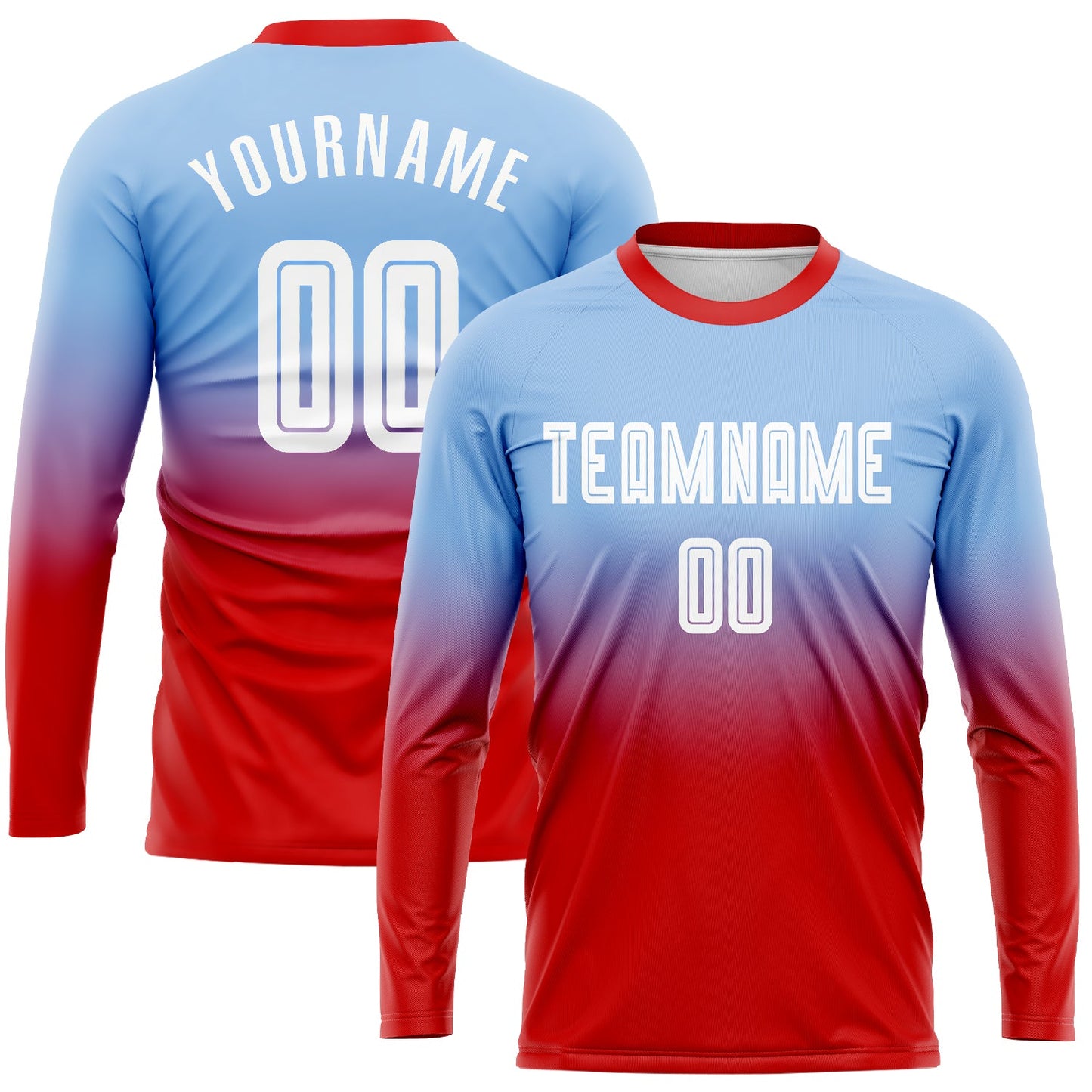 Custom Light Blue White-Red Sublimation Long Sleeve Fade Fashion Soccer Uniform Jersey - Main View