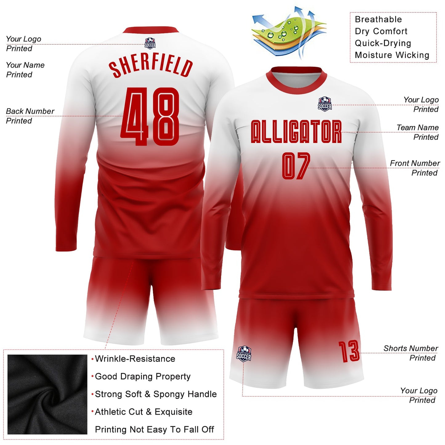Custom White Red Sublimation Long Sleeve Fade Fashion Soccer Uniform Jersey view 3