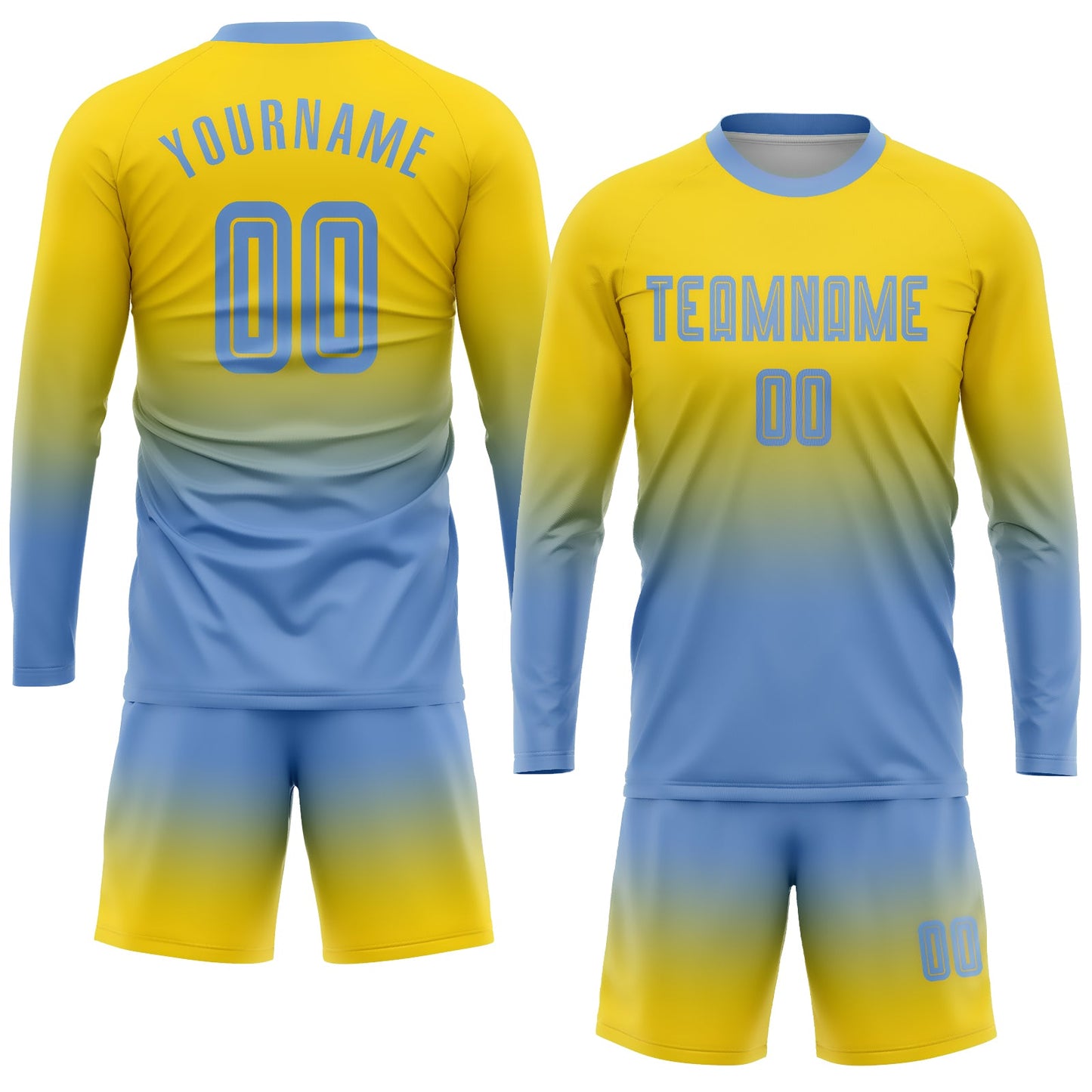 Custom Gold Light Blue Sublimation Long Sleeve Fade Fashion Soccer Uniform Jersey view 2