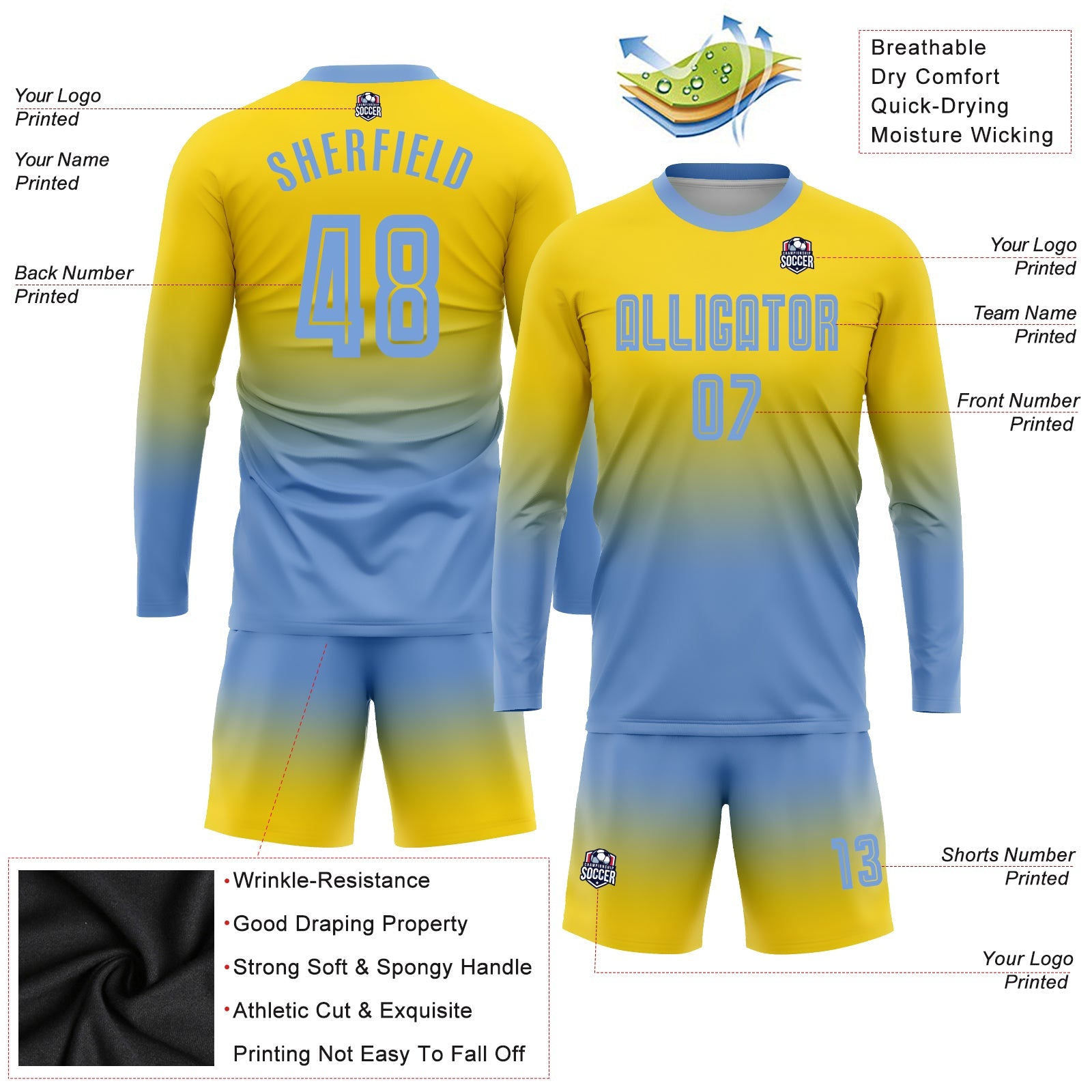 Custom Gold Light Blue Sublimation Long Sleeve Fade Fashion Soccer Uniform Jersey view 3