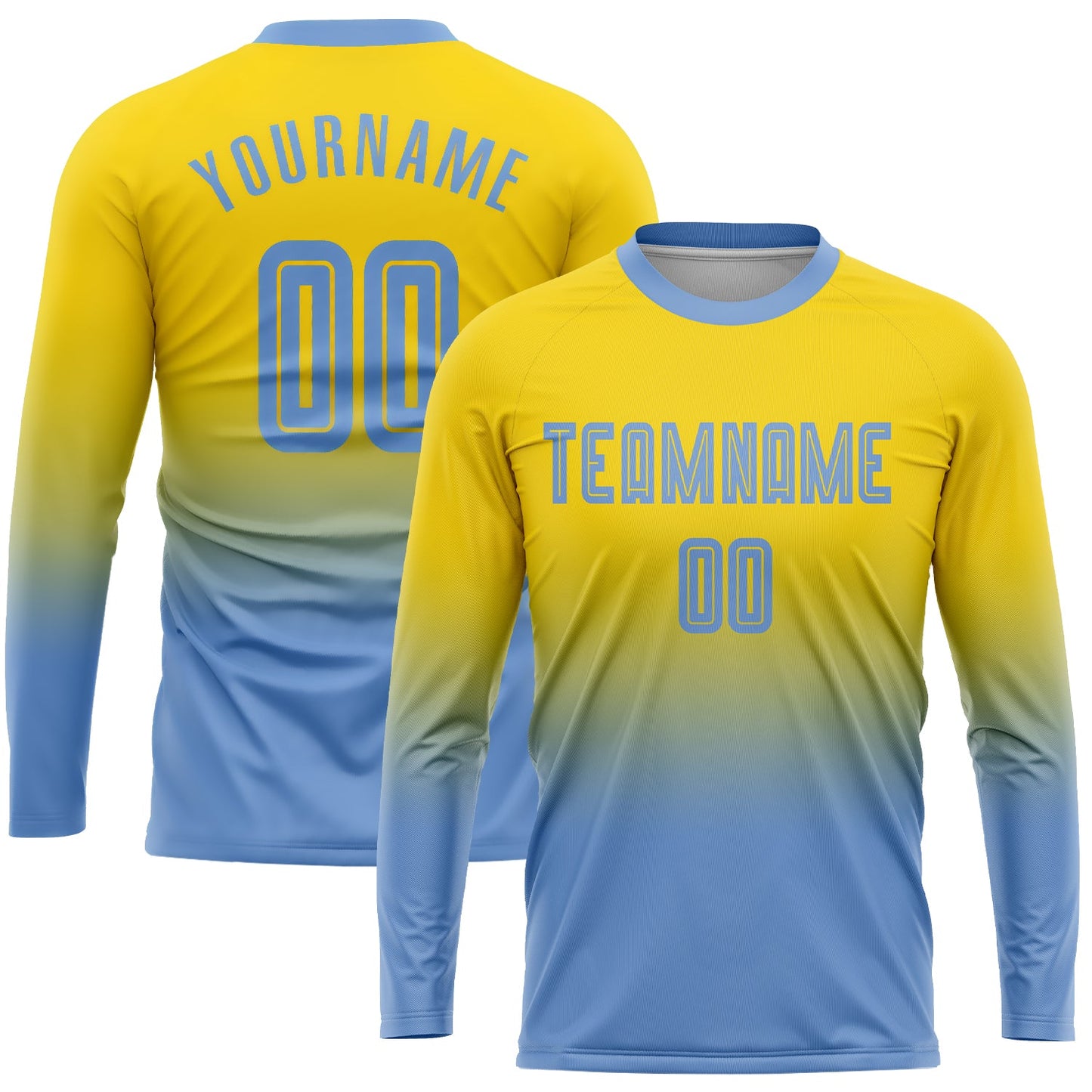 Custom Gold Light Blue Sublimation Long Sleeve Fade Fashion Soccer Uniform Jersey - Main View