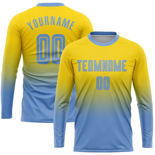Custom Gold Light Blue Sublimation Long Sleeve Fade Fashion Soccer Uniform Jersey - Main View
