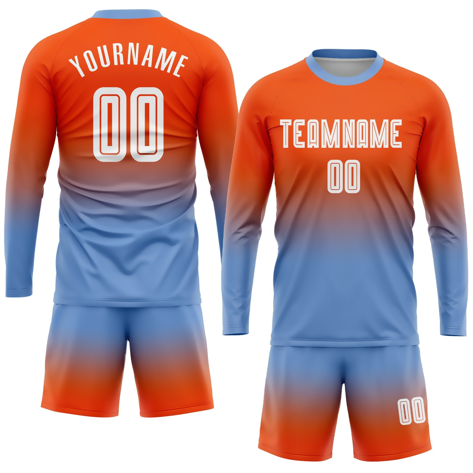 Custom Orange White-Light Blue Sublimation Long Sleeve Fade Fashion Soccer Uniform Jersey view 2