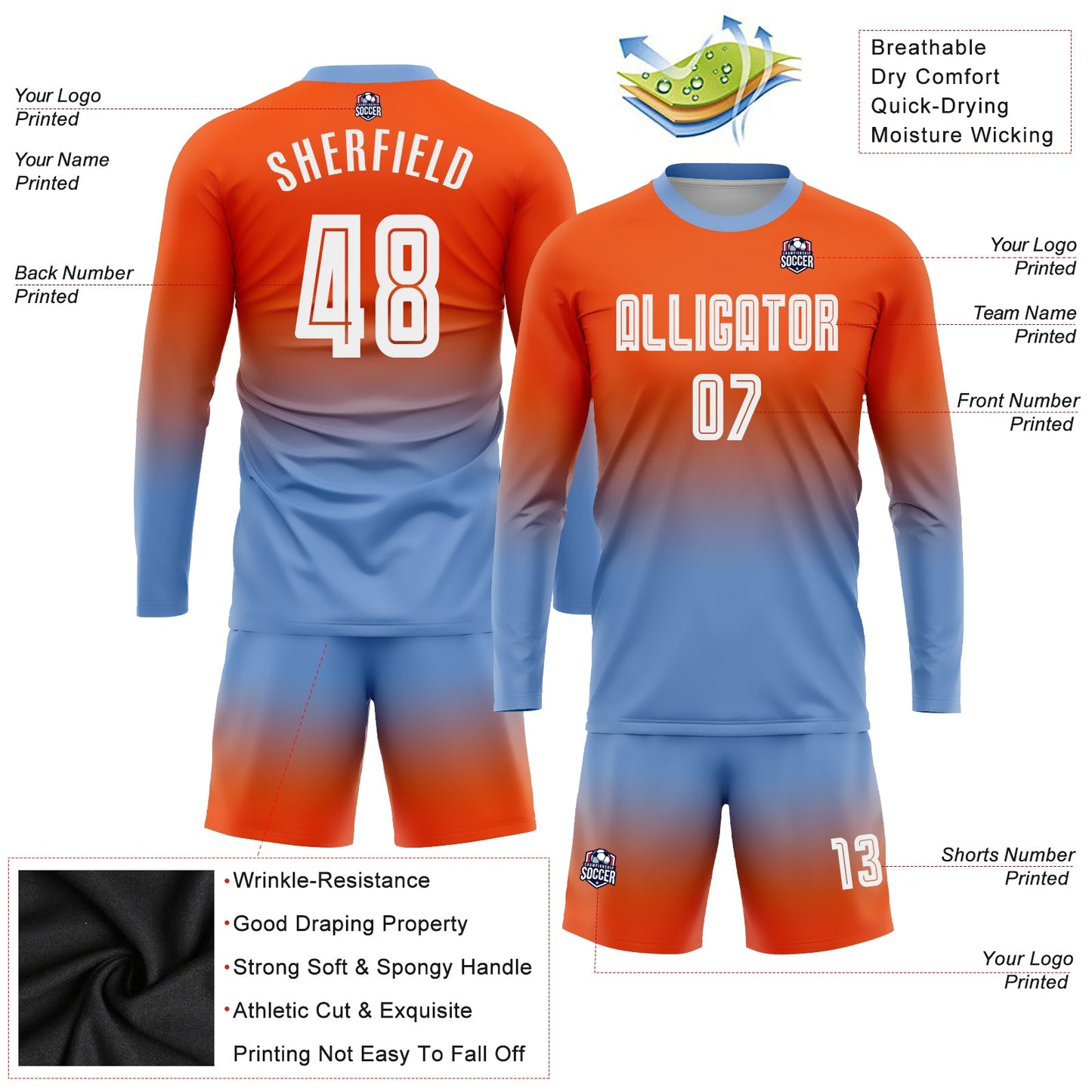 Custom Orange White-Light Blue Sublimation Long Sleeve Fade Fashion Soccer Uniform Jersey view 3