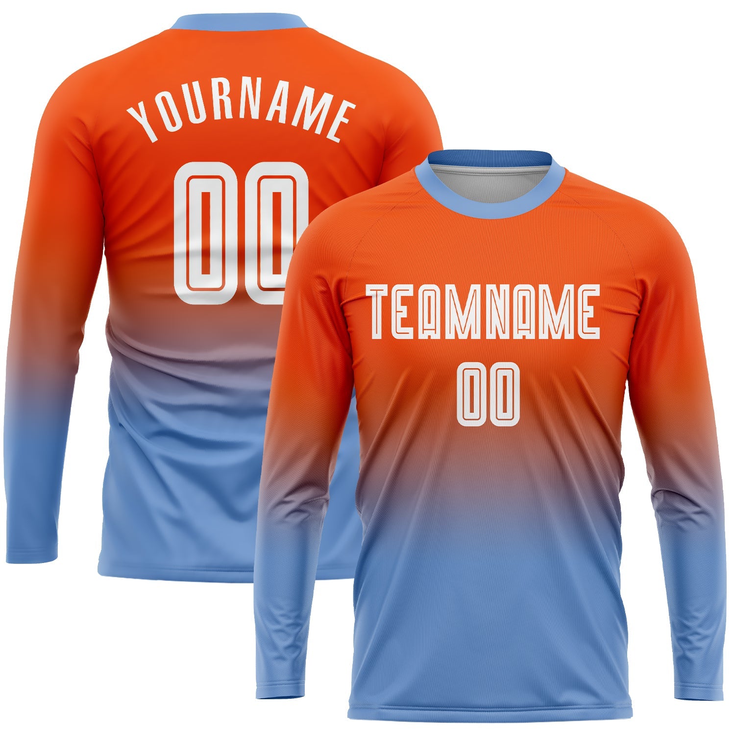 Custom Orange White-Light Blue Sublimation Long Sleeve Fade Fashion Soccer Uniform Jersey - Main View
