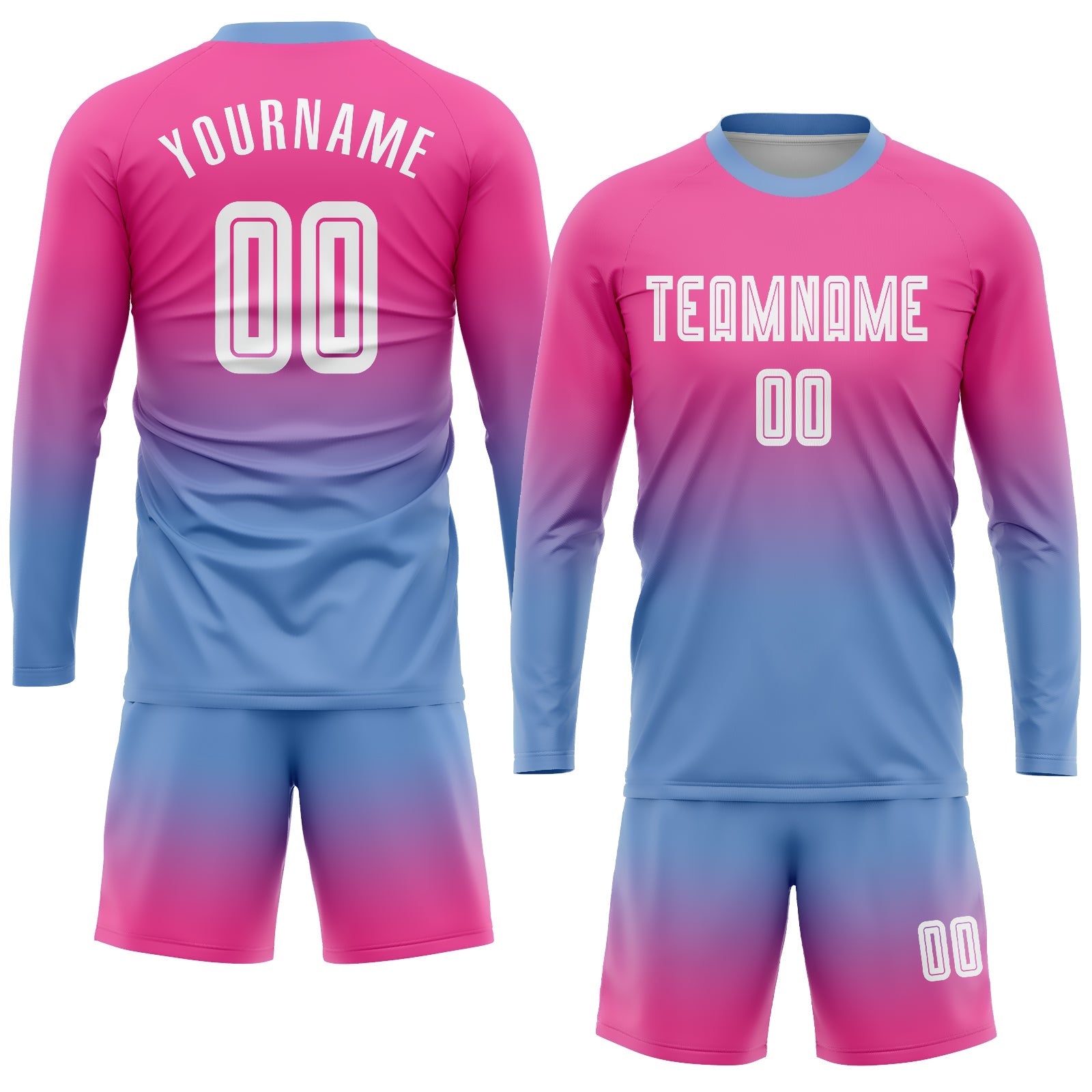Custom Pink White-Light Blue Sublimation Long Sleeve Fade Fashion Soccer Uniform Jersey view 2