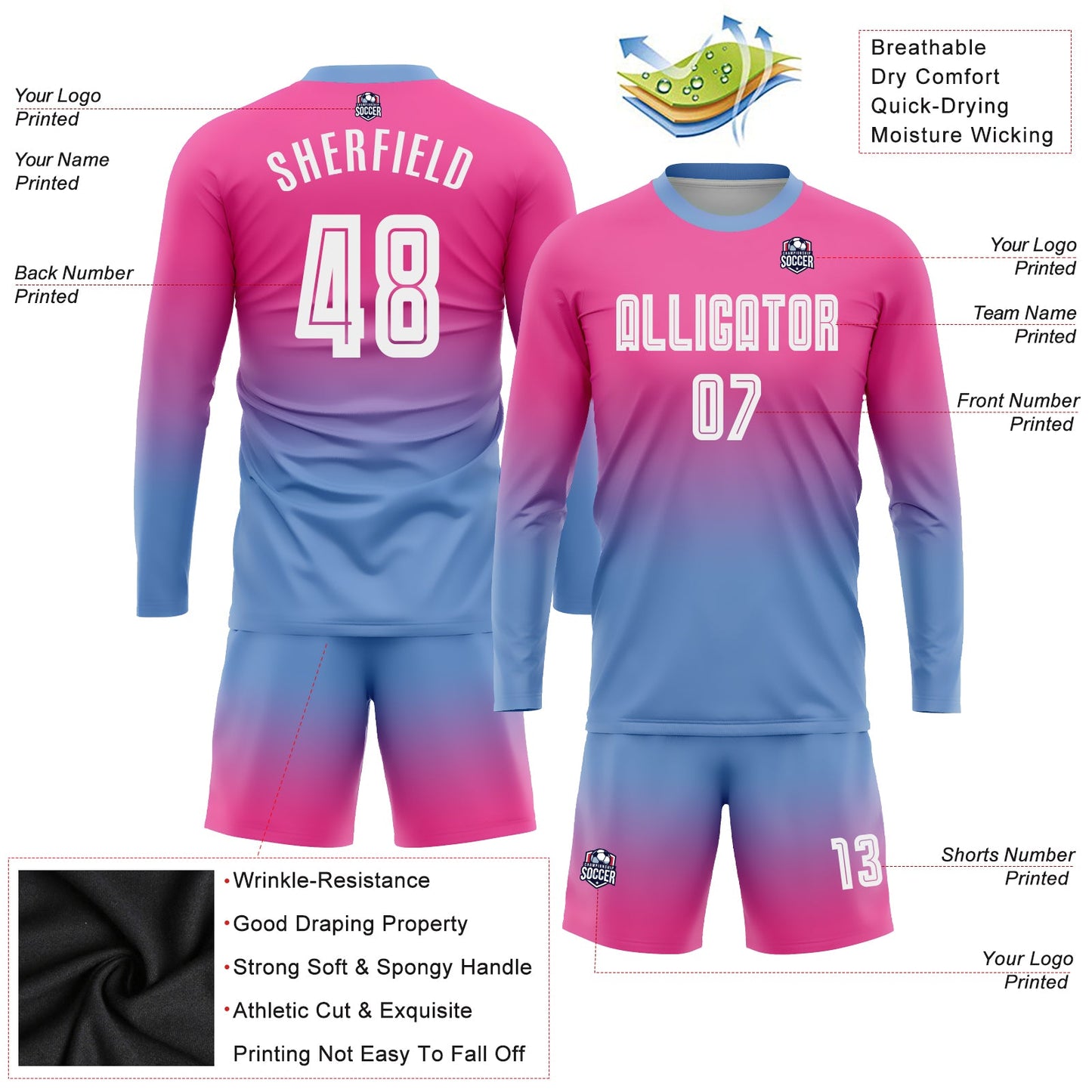 Custom Pink White-Light Blue Sublimation Long Sleeve Fade Fashion Soccer Uniform Jersey view 3