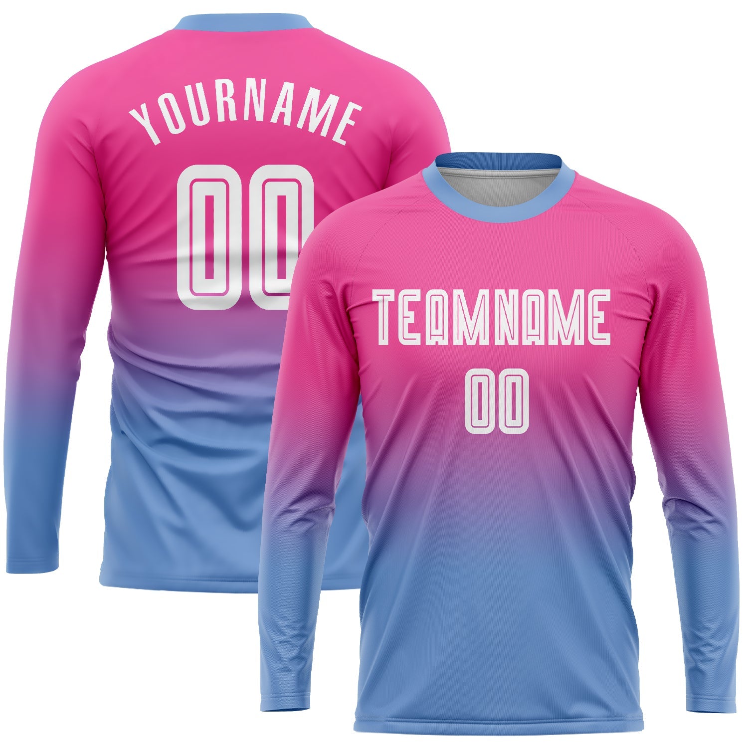Custom Pink White-Light Blue Sublimation Long Sleeve Fade Fashion Soccer Uniform Jersey - Main View