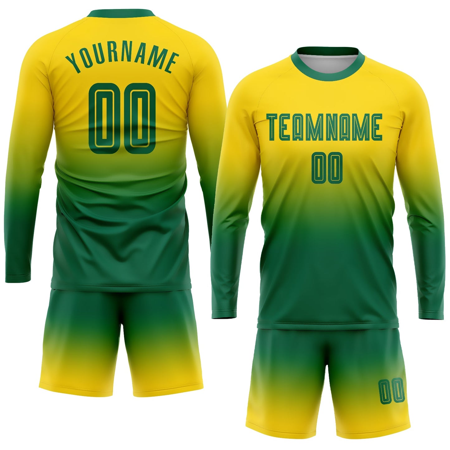 Custom Gold Kelly Green Sublimation Long Sleeve Fade Fashion Soccer Uniform Jersey view 2