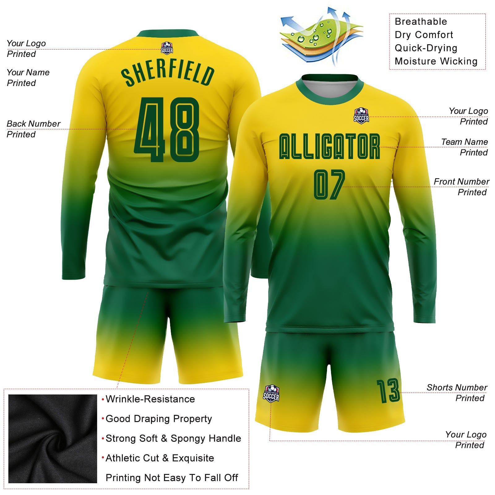 Custom Gold Kelly Green Sublimation Long Sleeve Fade Fashion Soccer Uniform Jersey view 3