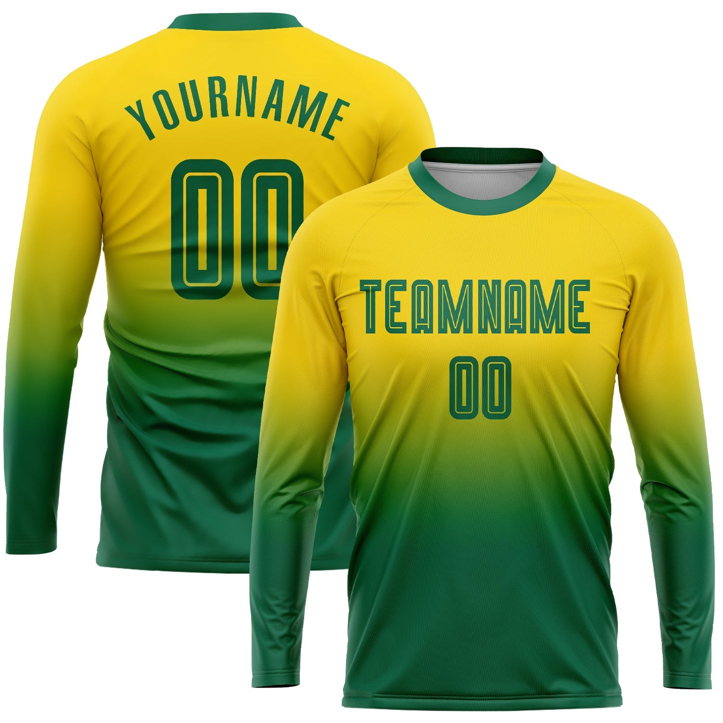 Custom Gold Kelly Green Sublimation Long Sleeve Fade Fashion Soccer Uniform Jersey - Main View