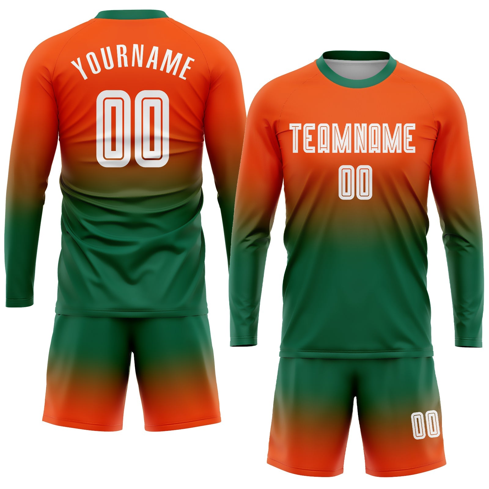 Custom Orange White-Kelly Green Sublimation Long Sleeve Fade Fashion Soccer Uniform Jersey view 2