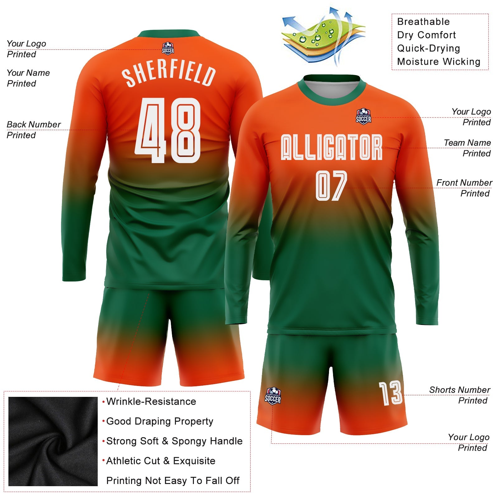 Custom Orange White-Kelly Green Sublimation Long Sleeve Fade Fashion Soccer Uniform Jersey view 3