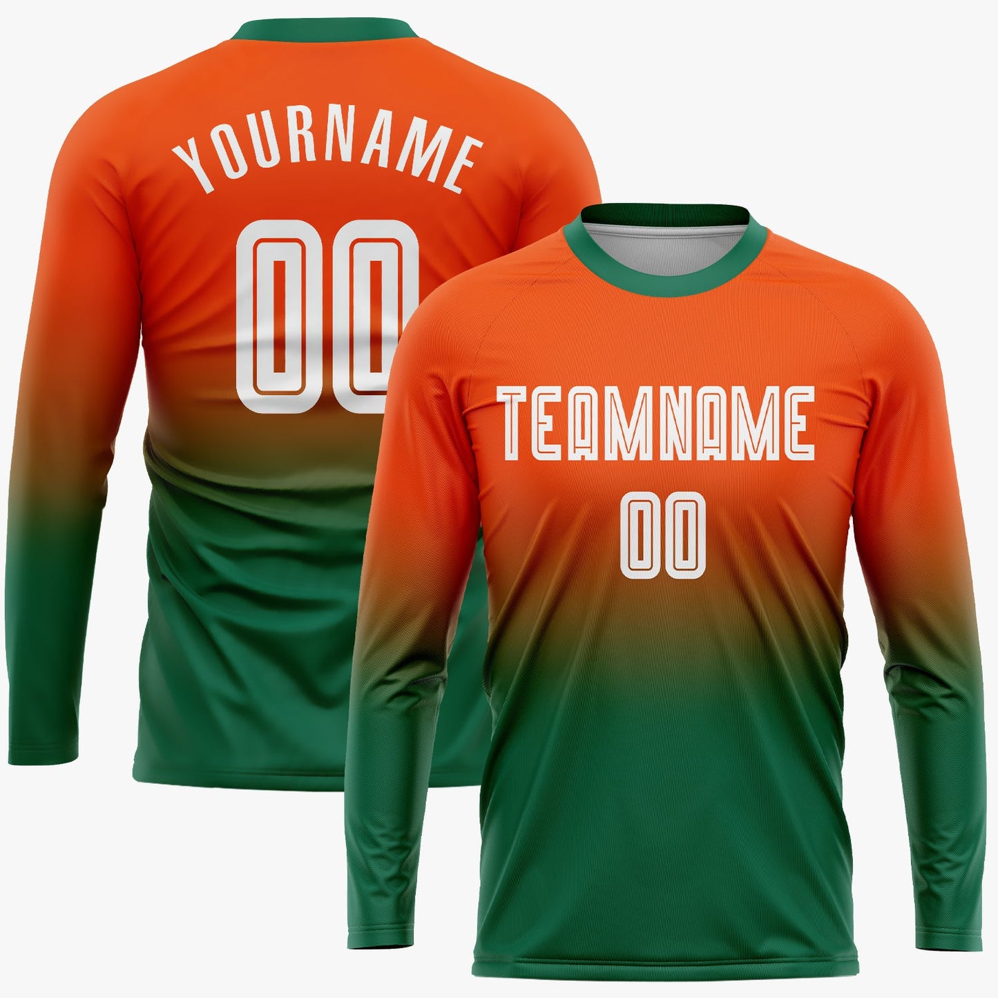Custom Orange White-Kelly Green Sublimation Long Sleeve Fade Fashion Soccer Uniform Jersey - Main View