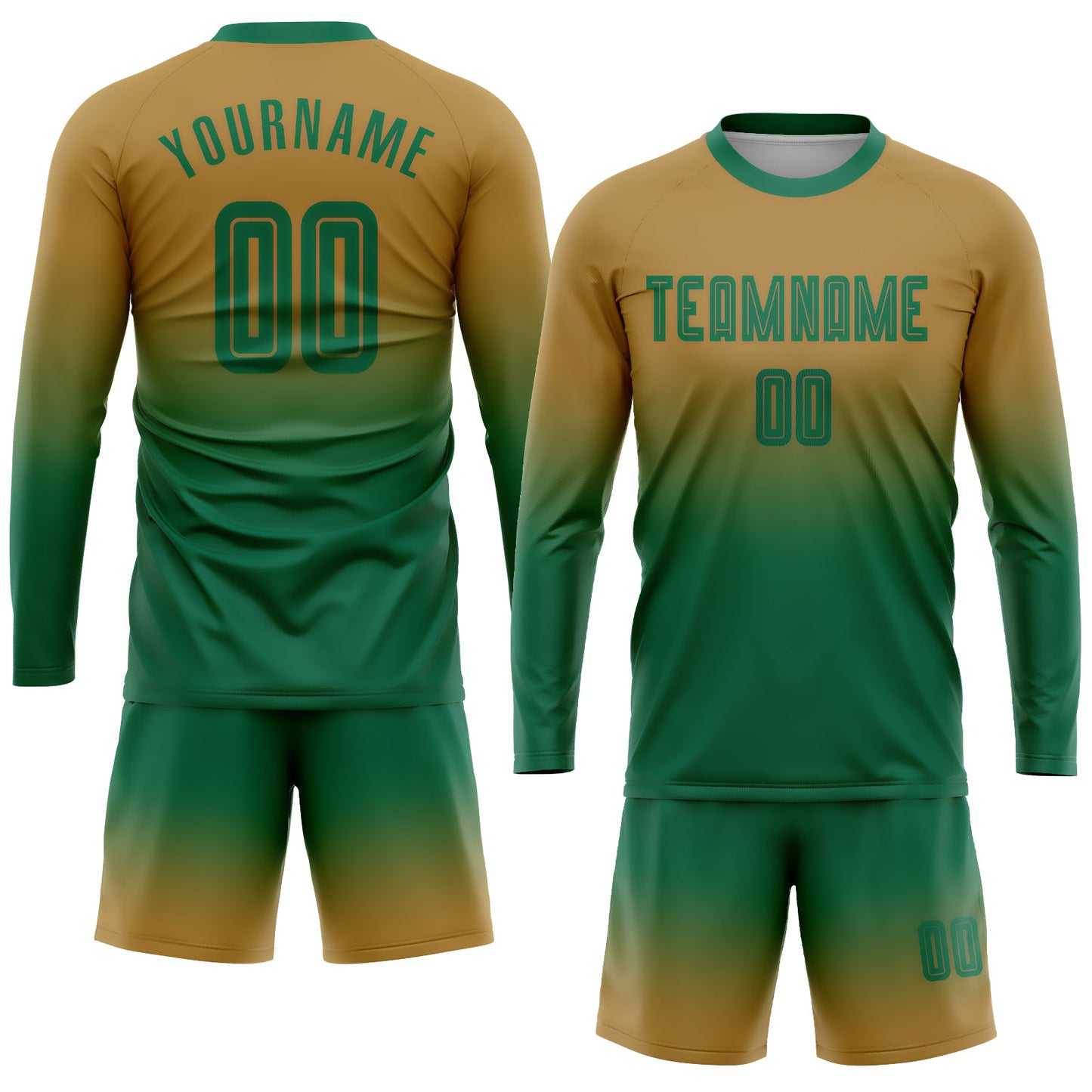 Custom Old Gold Kelly Green Sublimation Long Sleeve Fade Fashion Soccer Uniform Jersey view 2