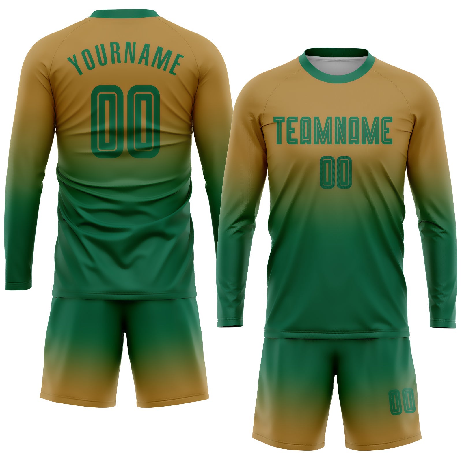 Custom Old Gold Kelly Green Sublimation Long Sleeve Fade Fashion Soccer Uniform Jersey view 2