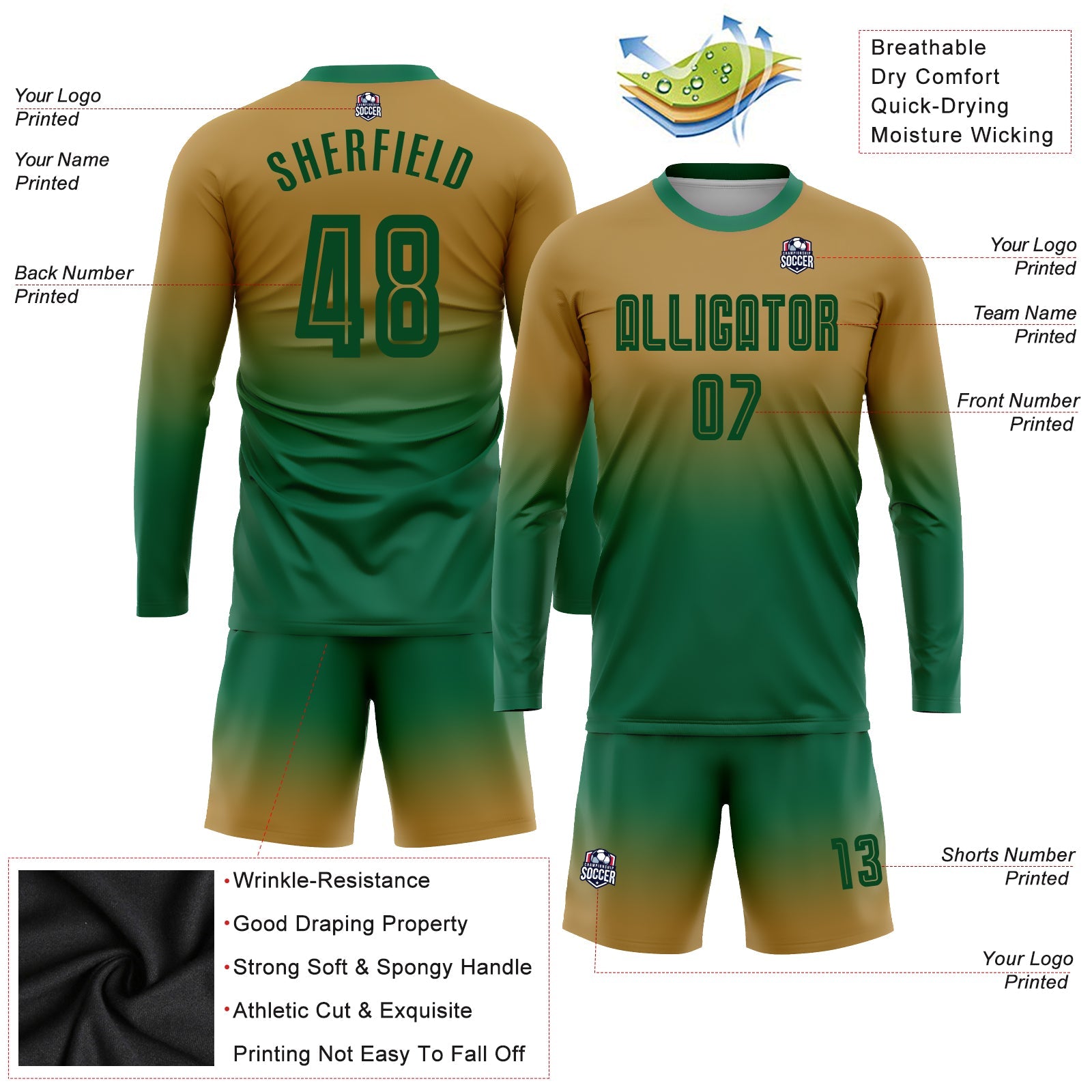 Custom Old Gold Kelly Green Sublimation Long Sleeve Fade Fashion Soccer Uniform Jersey view 3