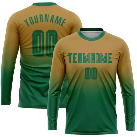 Custom Old Gold Kelly Green Sublimation Long Sleeve Fade Fashion Soccer Uniform Jersey - Main View