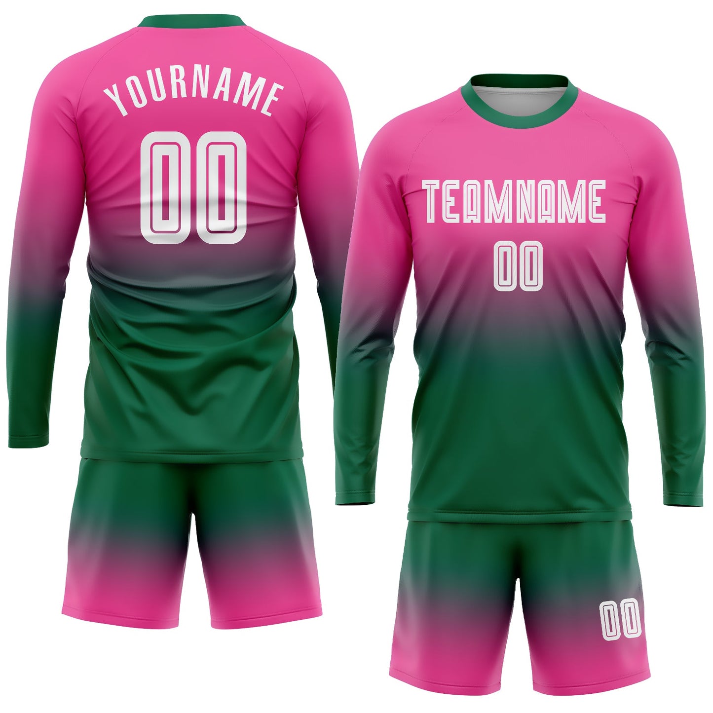 Custom Pink White-Kelly Green Sublimation Long Sleeve Fade Fashion Soccer Uniform Jersey view 2