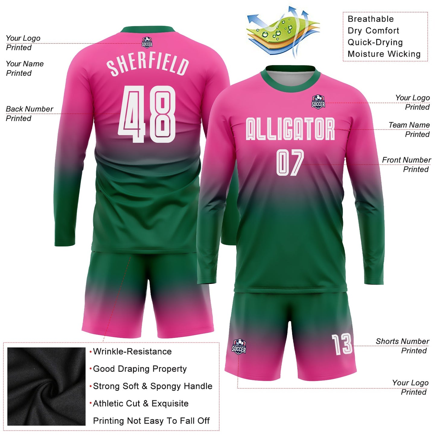 Custom Pink White-Kelly Green Sublimation Long Sleeve Fade Fashion Soccer Uniform Jersey view 3